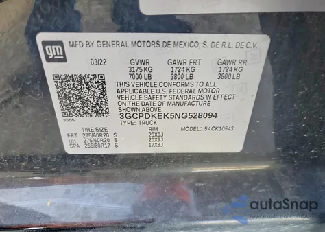 2022 Chevrolet Silverado K1500 Lt-L из США, поврежденный, VIN 3GCPDKEK5NG528094